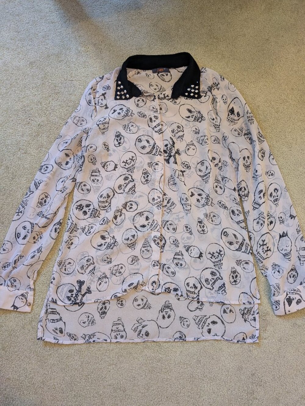 Sheer tan button up with black skulls and studs